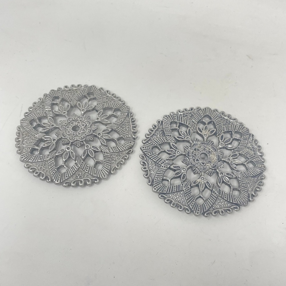 Vintage Silver Metal Filigree Mandala Coasters Set of 2 Ornate Boho Trivets 3in